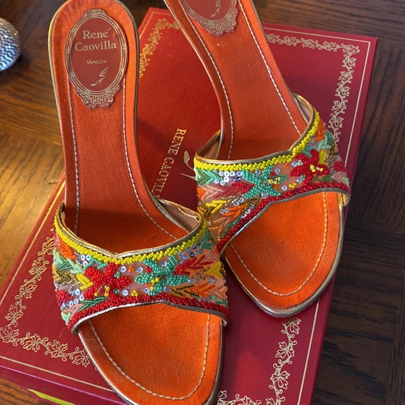 Rene Caovilla Shoes - EUC Rene Caovilla Sz 7.5 Beautiful Multi Colored Beaded Slides ..2.75” Heel